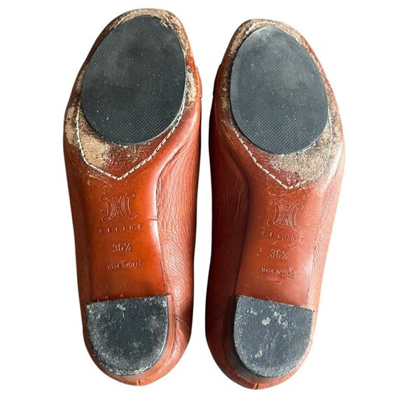 Celine Women’s Vintage Wooden Triomphe Cognac Brown Orange Leather Ballet Flat - Picture 8 of 11